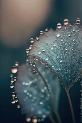 Macro close-up van een ginkgo blad met dauwdruppels in zachte blauwtinten buiten in de natuur