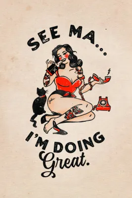 Verticale vintage pinup illustratie met rode kat en sarcastische tekst op poster