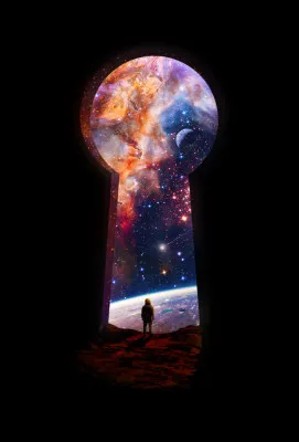 Verticale surrealistische illustratie van een astronaut voor een kosmische sleutelpoort omringd door sterren en planeten