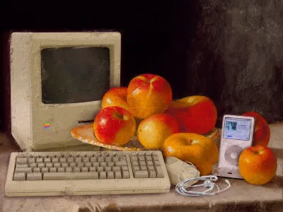 Horizontale illustratie van een interieur met appels en oranje tinten, laptop en toetsenbord in natuurlijk licht