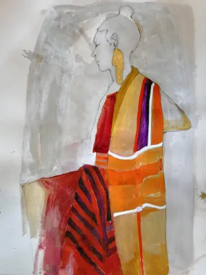 Verticale illustratie van vrouw in rood in buitenlucht met warme oranje en terracotta tinten