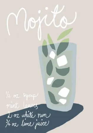 Verticale illustratie van een glas mojito in een buitenomgeving met kleurrijke details en creatieve bewerking