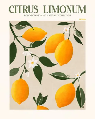 Verticale illustratie van citrusfruit in gele, groene en oranje tinten met vintage botanische sfeer