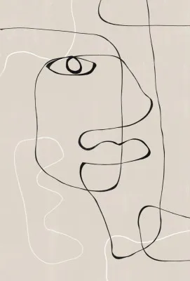 Verticale minimalistische lijntekening met abstract gezicht in beige, zwart en wit