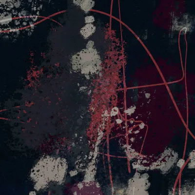 vierkante abstracte illustratie van een winterse buitenlucht in warme rood- en maroontinten