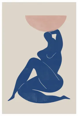 Verticale abstracte illustratie van een zittende vrouw in blauwe en roze silhouetten op beige achtergrond