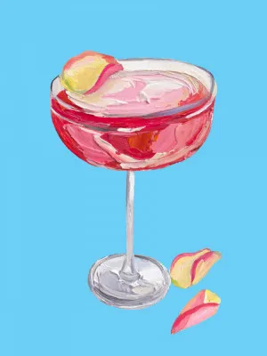 Verticale illustratie van een sprankelende rose gin cocktail in blauwe tinten met een zomerse buitenachtergrond