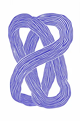 Verticale illustratie met blauwe lijnen en geometrisch patroon op witte achtergrond, Blue Infinity Loop
