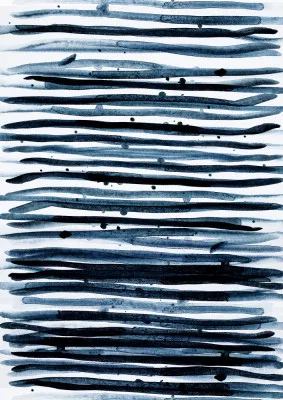 Verticale abstracte aquarelillustratie met blauwe tinten en organische lijnen op een witte achtergrond