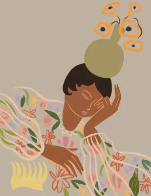 Verticale illustratie van een vrouw omringd door kleurrijke bloemen en planten, buiten in een natuurlijke setting