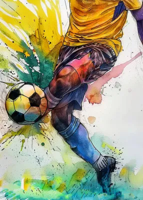 Verticaal georiënteerde aquarel illustratie van een actieve voetbalspeler in een buitenscène