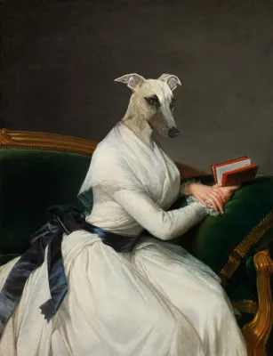 Verticale surrealistische illustratie van antropomorfe honden die lezen op een bank in een buiten scène