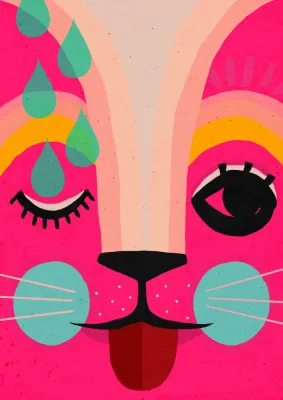 Verticale illustratie van een roze kat met geometrische vormen en kleurrijke druppels in een abstract buitenscène