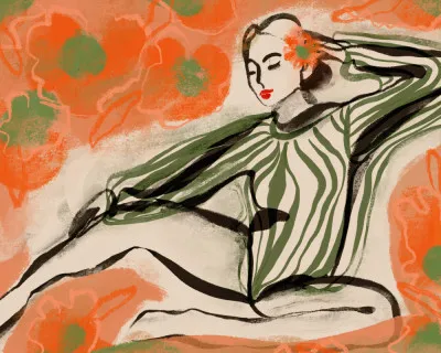 Horizontale vintage illustratie van een vrouw in een buitenomgeving met bloemen in rood, groen en oranje tinten