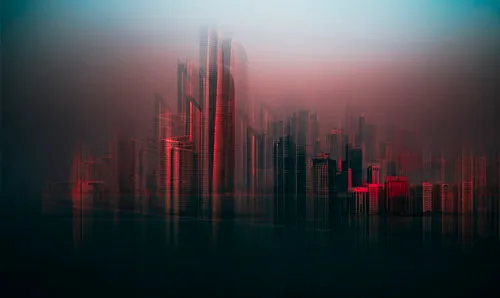 Horizontale abstracte foto van de rode skyline van Abu Dhabi met hoge gebouwen en creatieve blur