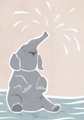 Verticale illustratie van een schattige scandi olifant in een natuur buiten scène, kinderkamer kunst