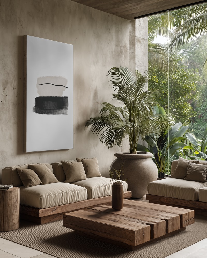 Abstracte penseelstreken in zwart en beige in interieur