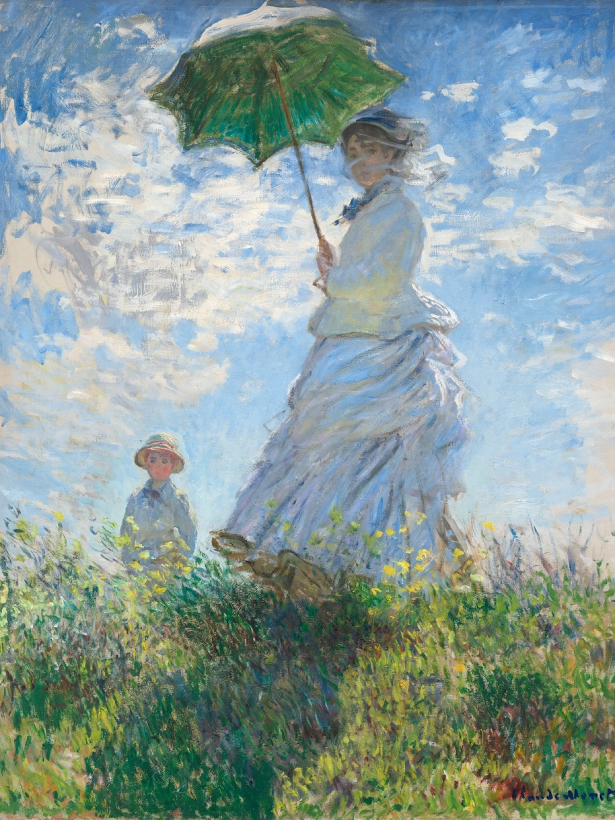 La Femme à l‘ombrelle - Madame Monet et son fils door Claude Monet