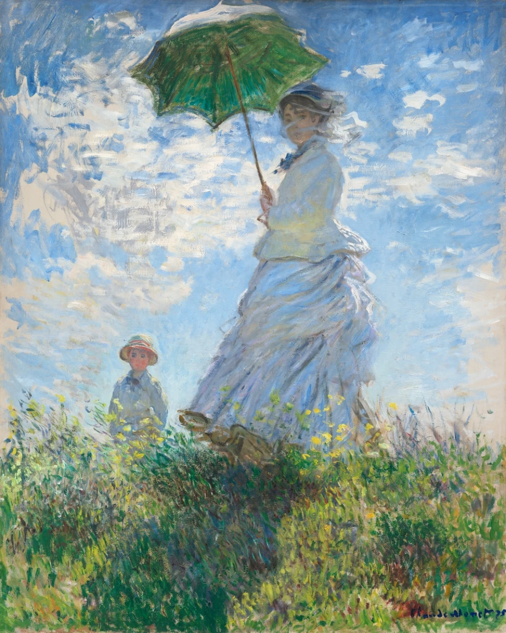 La Femme à l‘ombrelle - Madame Monet et son fils door Claude Monet