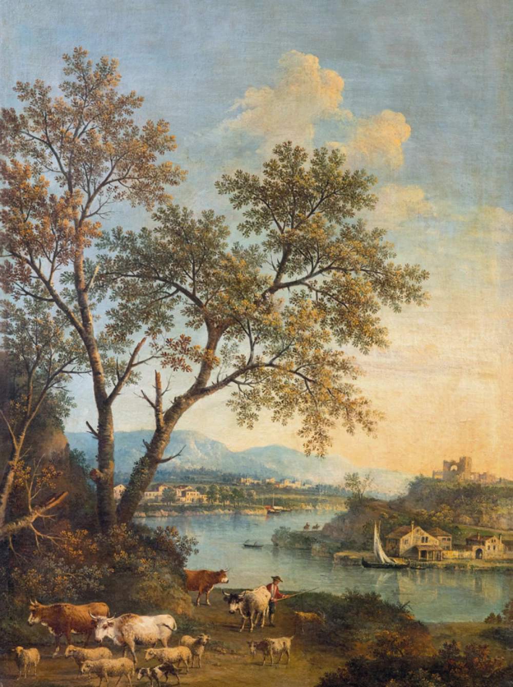 A River Landscape and a Village Beyond door Giovanni Battista Cimalori