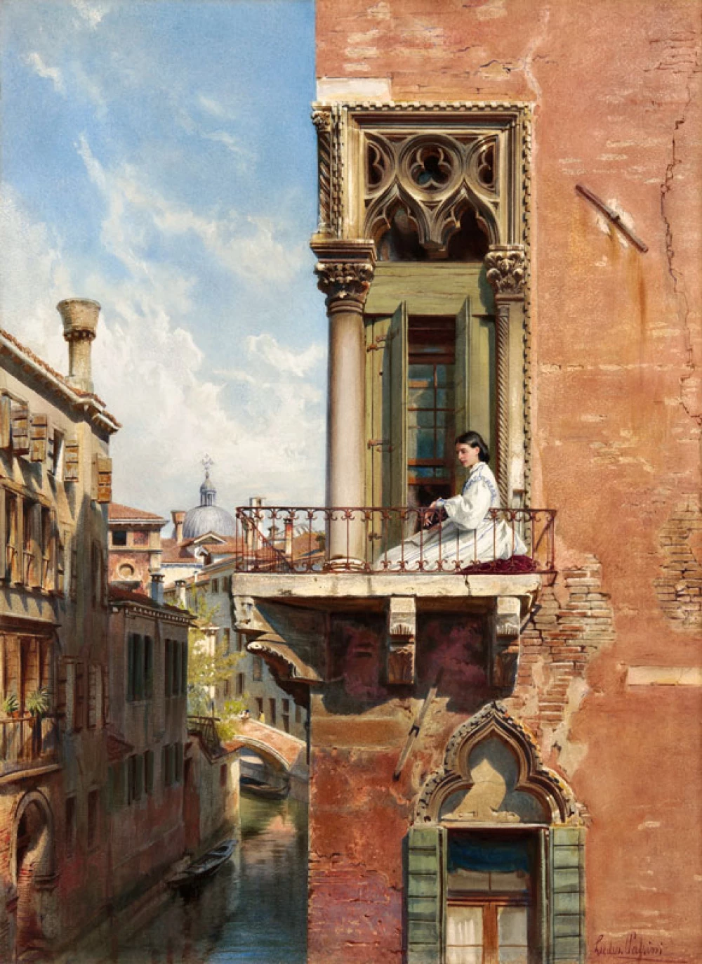 Anna Passini auf dem Balkon des Palazzo Priuli in Venedig door Ludwig Passini
