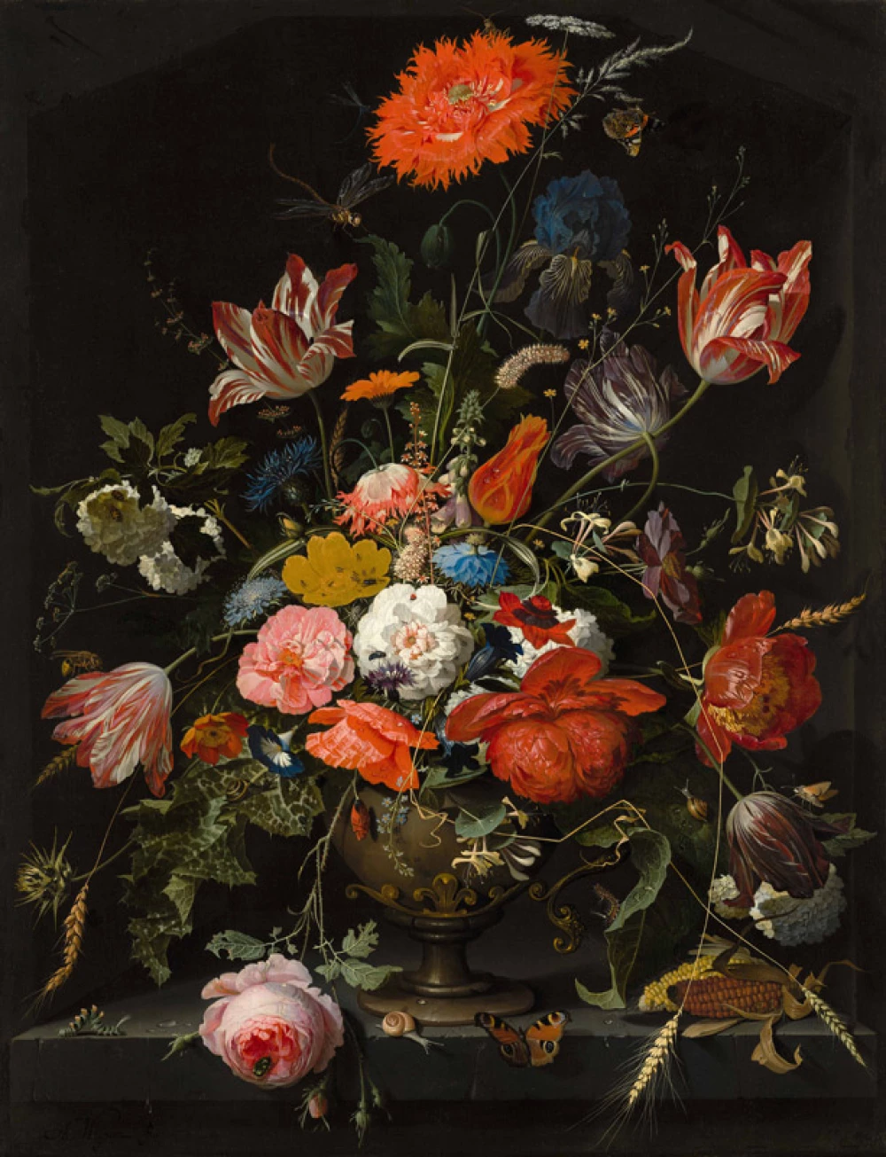 Bloemen in een metalen vaas door Abraham Mignon