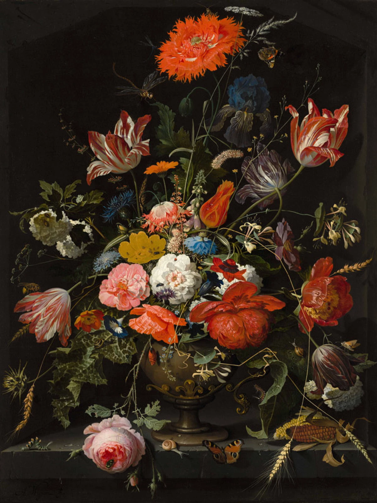 Bloemen in een metalen vaas door Abraham Mignon