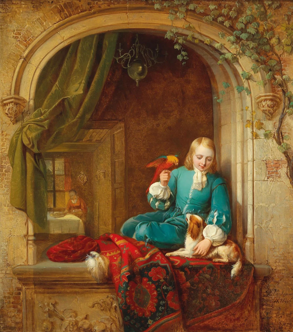 Boy at a window with dog and parrot door Alexis van Hamme