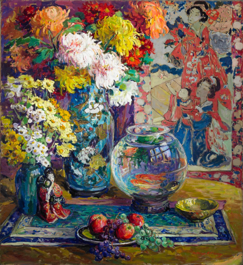 Flowers and Goldfish door Kathryn Evelyn Bard Cherry