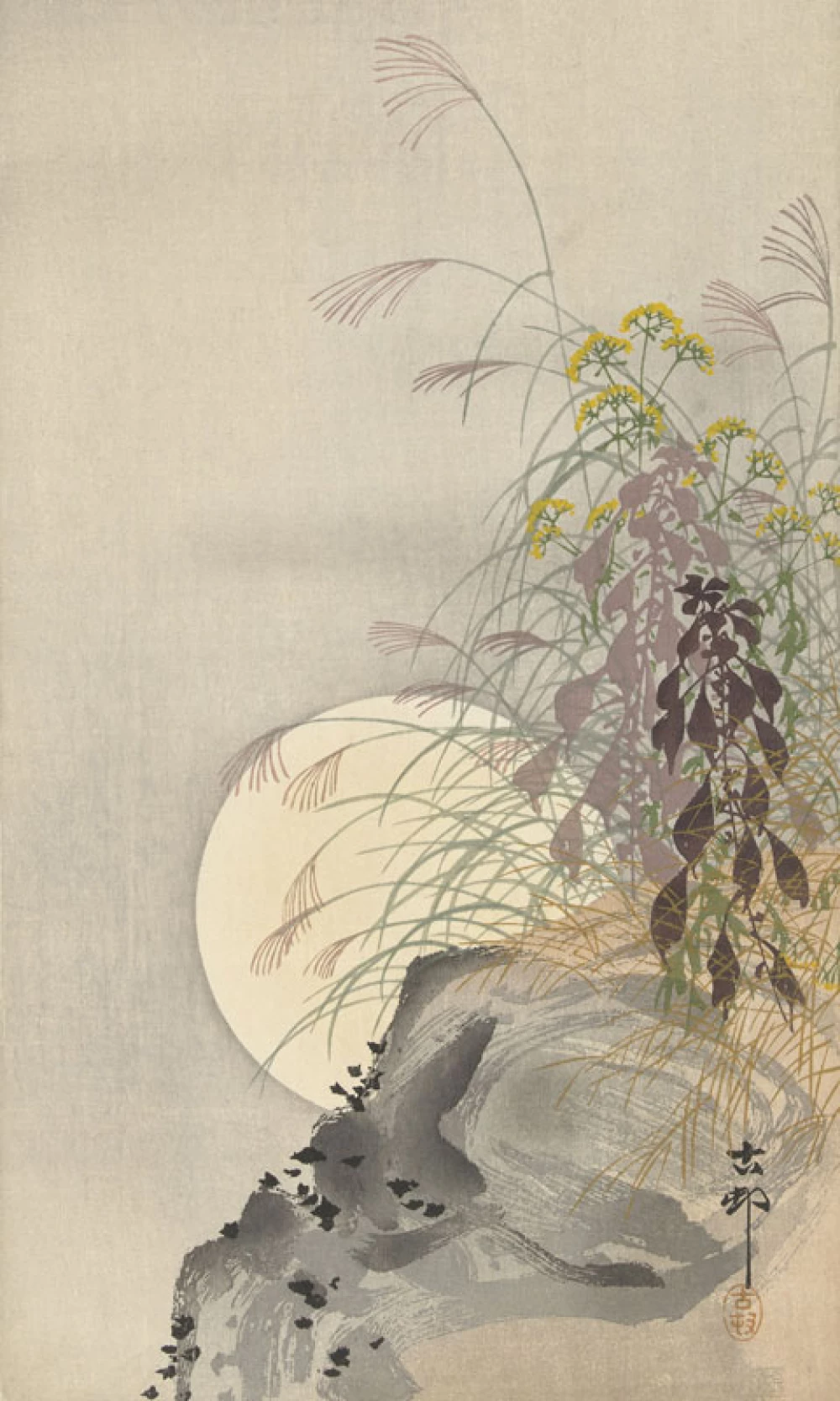 Grassen bij volle maan door Ohara Koson