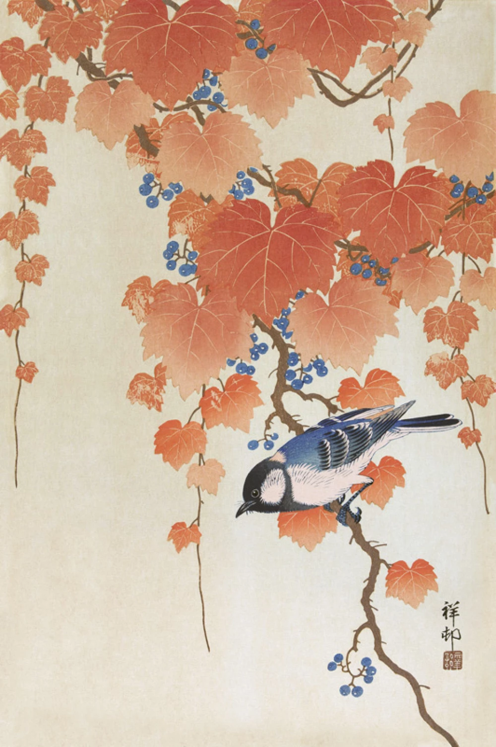 Koolmees op paulownia tak door Ohara Koson