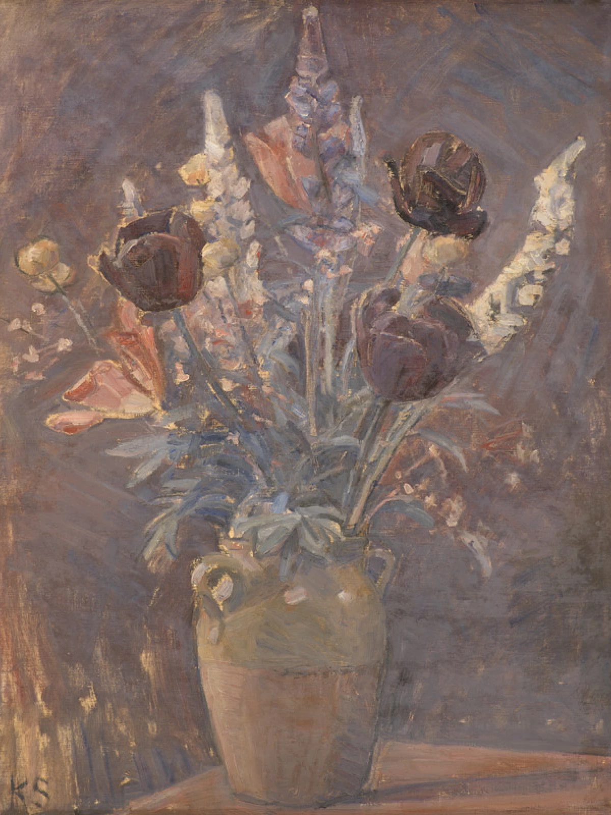 Lervase med tulipaner og andre blomster door Karl Schou