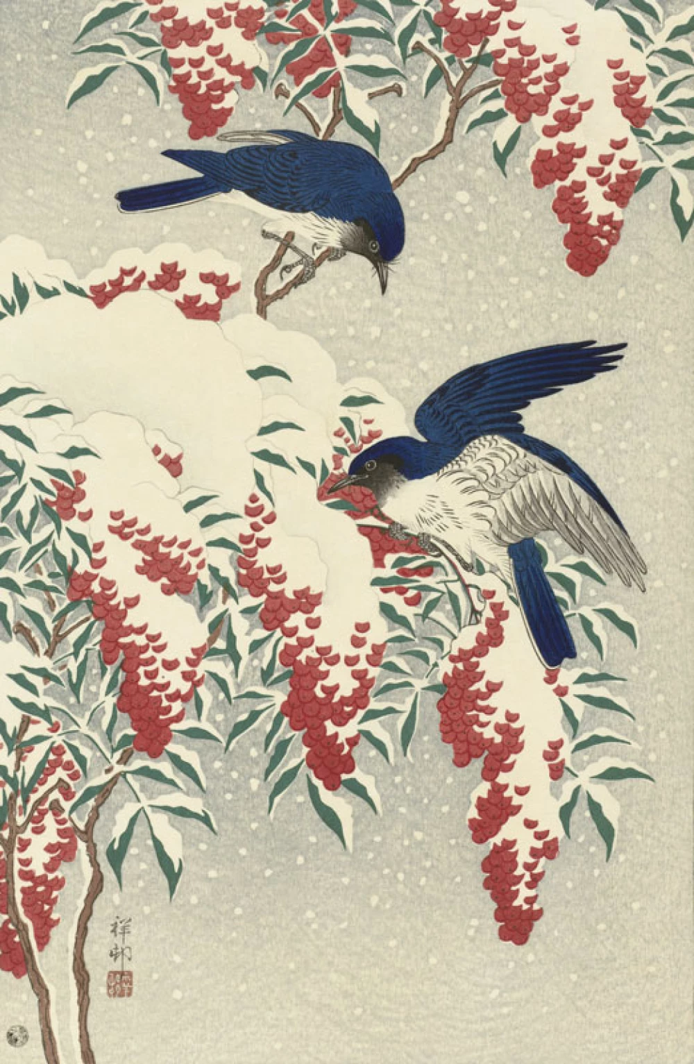 Vliegenvangers op een nandinastruik door Ohara Koson